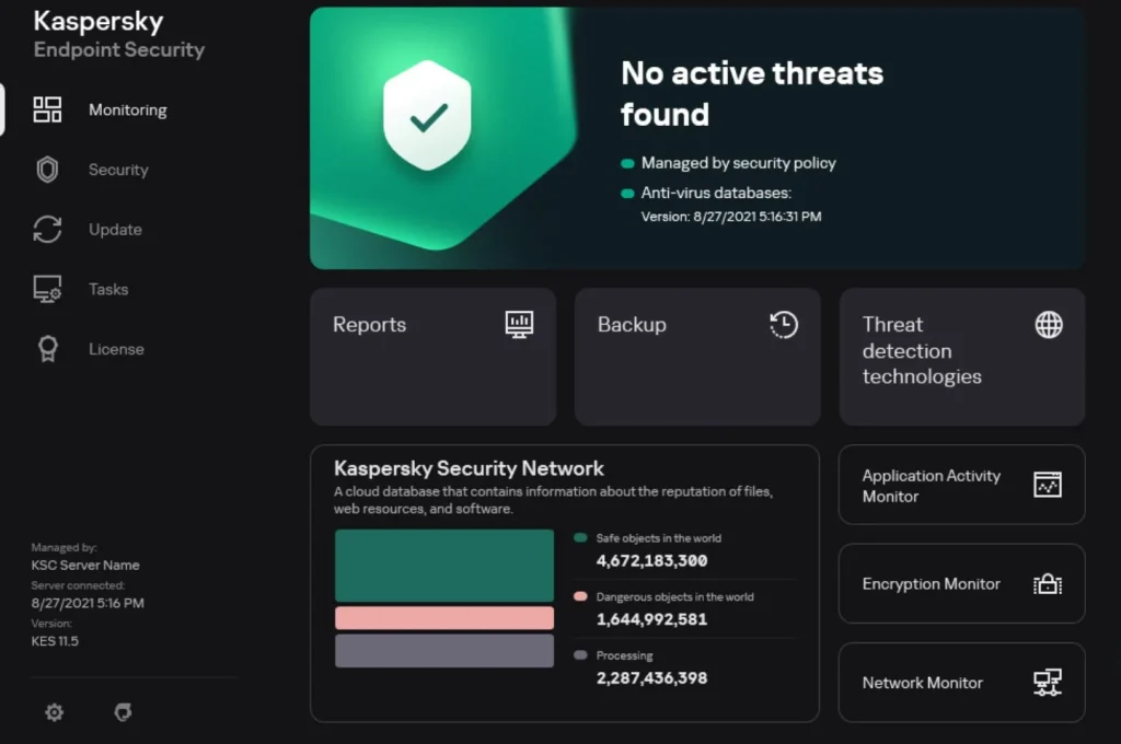 محیط پنل Kaspersky Endpoint Security